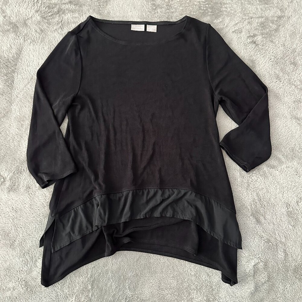 Chico's Travelers Black Blouse Women's 00P 0/2 Petite XS Asymmetrical Travel